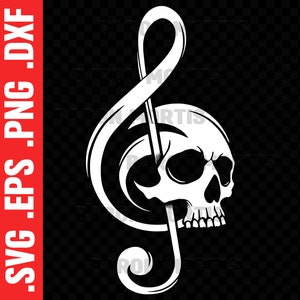 Treble Clef Skull SVG, afdrukbare schedel stencil, horror muzieknoot PNG, schedel vector silhouet, cadeau voor muziekleraar, muzikant shirt mok