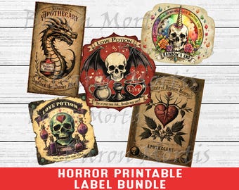May include: A collection of vintage-style horror-themed printable labels. The labels feature illustrations of skulls, dragons, hearts, and potion bottles. Text includes "Love Potion", "Elixir of Broken Hearts", and "Stardust Apothecary". The labels are in shades of brown, red, and green.