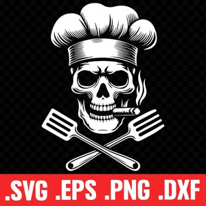Badass Chef Skull SVG, Skull Smoking Cigarro, Tenedor y Espátula, Skull Cook PNG, Skull and Cross Bones, Evil Skull Clip Art, Logotipo de calavera de cocina