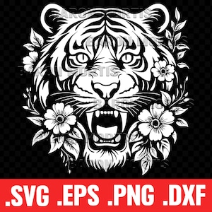Floral Tiger druckbare Vektor, Jungle Predator Schablone SVG, Aggressive große Katze PNG, beängstigende Katze mit Blumen Clip Art, Sublimation, Cricut