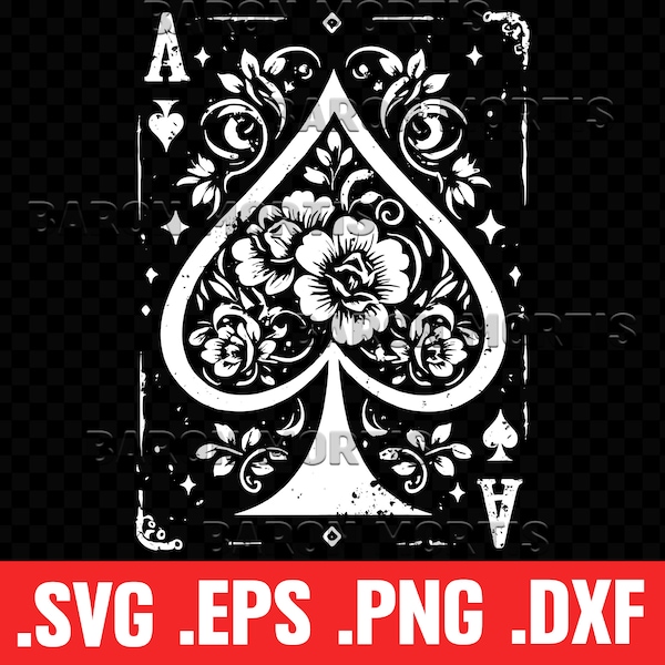 Ace of Spades SVG, Floral Play Cards, Poker Game Card PNG, Magic Trick Card, Printable Vector, Cricut Files, Sublimation Print, Cut File