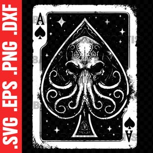 Cthulhu Ace of Spades SVG, H P Lovecraft Horror Vector, Clipart di carte da gioco di Halloween, Stencil di faccia di polpo, Silhouette di Dio cosmico, Digitale