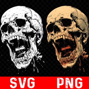 Könnte beinhalten: Zwei Schädelillustrationen, eine in Schwarzweiß, die andere in Beige und Braun, beide mit offenem Mund. Das Bild hat die Texte "SVG" und "PNG" in roten Kästen unten. Der Hintergrund ist ein schwarz-transparentes Schachbrettmuster.