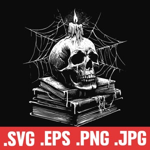 Halloween Witchcraft Magic Elements, Skull and Books, Scary Decor SVG, Horror Decoration PNG, Spooky Clipart, Party Costume Gift Idea, Skull
