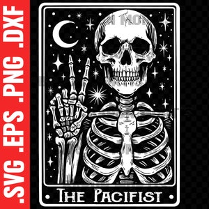 Carta de tarot de esqueleto divertido, signo de paz de mano de esqueleto, plantilla de cráneo esotérico SVG, idea de regalo de terror de Halloween, silueta de cráneo imprimible