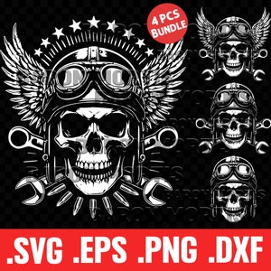 May include: A set of four black and white vector illustrations of a skull wearing a motorcycle helmet and goggles. The skull is surrounded by wings and wrenches. The text "4 PCS BUNDLE" is in a red box at the top of the image.