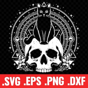 May include: Black and white illustration of a skull with a black cat sitting on top. The skull is surrounded by a geometric design with a circle and triangle.