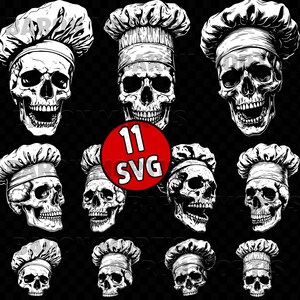 May include: Black and white illustration of multiple skulls wearing chef hats. A red circle with the text "11 SVG" is in the center. The skulls have detailed features, and the chef hats are textured.