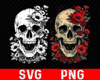 Floral Skull Tattoo Clipart | Gothic Flower SVG PNG Bundle (Digital Download)