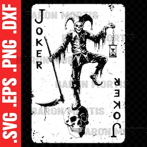 Carte à jouer Joker SVG, pochoir tête de mort bouffon, vecteur squelette drôle, dieu de la mort riant, silhouette imprimable Faucheuse, jeu de poker