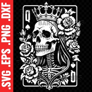 Schoppenvrouw Horror SVG, Skeleton Queen Play Card PNG, Floral Skull Vector, afdrukbare Halloween stencil, gotische bloemsilhouet, Cricut