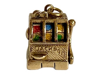 Rare 9ct Gold Working One Arm Bandit Charm, Retro 9K Slot Machine Pendant