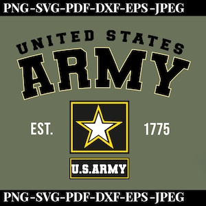May include: A graphic design on an olive green background featuring the text UNITED STATES ARMY in black with a white outline. Below, a square emblem contains a white star with a yellow outline, flanked by the text EST. and 1775, with U.S.ARMY below.