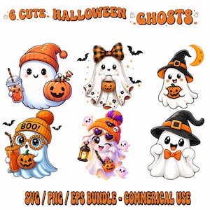 May include: A digital illustration set titled 6 CUTE HALLOWEEN GHOSTS featuring six white ghosts with orange and black accessories, including pumpkins, hats, and drinks. The text SVG / PNG / EPS BUNDLE - COMMERICAL USE is at the bottom.