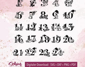 Adventskalender Zahlen Plotterbundle | svg, dxf, pdf, png | Zahlen von 1 bis 24 zum Plotten für den eigenen Adventskalender