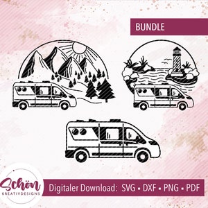 Könnte beinhalten: Ein digitales Download-Paket mit drei Schwarzweiß-Illustrationen, die einen Campervan vor einer Bergszene, einer Leuchtturmszene und einer leeren Szene zeigen. Der Text "BUNDLE" befindet sich oben im Bild. Der Text "Digitaler Download: SVG - DXF - PNG - PDF" befindet sich unten im Bild. Der Text "Schön Kreativdesigns" befindet sich unten links im Bild.