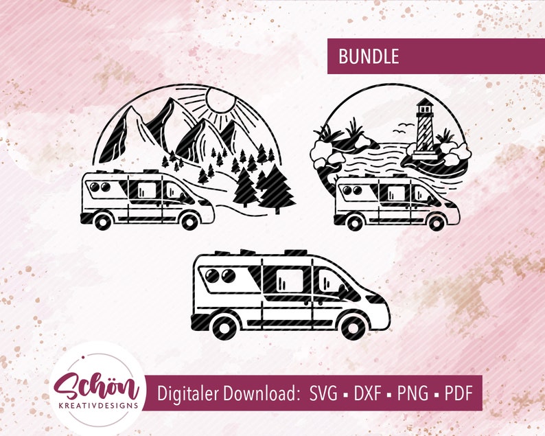 K&ouml;nnte beinhalten: Ein digitales Download-Paket mit drei Schwarzwei&szlig;-Illustrationen, die einen Campervan vor einer Bergszene, einer Leuchtturmszene und einer leeren Szene zeigen. Der Text "BUNDLE" befindet sich oben im Bild. Der Text "Digitaler Download: SVG - DXF - PNG - PDF" befindet sich unten im Bild. Der Text "Sch&ouml;n Kreativdesigns" befindet sich unten links im Bild.