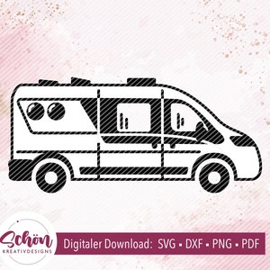K&ouml;nnte beinhalten: Schwarz-wei&szlig;e Silhouette eines Wohnmobils mit offener Seitent&uuml;r. Der Camper hat ein Fenster an der Seite und ein kleines Fenster hinten.