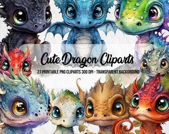 Fantasy Dragon Cliparts Set,Dragon Cliparts,Baby Dragon Prints,PNG Dragon Images,Instant Digital Download,Watercolor Effect,Clipart Bundle
