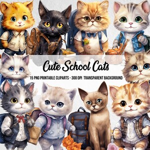Watercolor School Cats Clipart: Back to School PNG Bundle