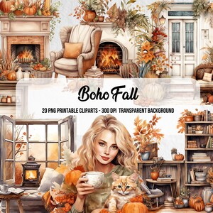 May include: A digital illustration of a cozy fall scene with a woman holding a cup of coffee and a cat. The scene includes a fireplace, a window, a bookshelf, and pumpkins. The text "Boho Fall" is written in the center of the image. 20 PNG printable clipart - 300 DPI transparent background.