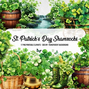 17 imágenes prediseñadas de tréboles del Día de San Patricio, trébol PNG, efecto acuarela, arte para hacer tarjetas, kit de álbumes de recortes, feliz día de San Patricio, hojas de trébol