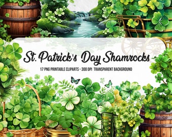 May include: A set of 17 St. Patrick's Day shamrock clipart images. The images feature green shamrocks, a pot of gold, green boots, a wooden barrel, and a wagon. The images have a transparent background.