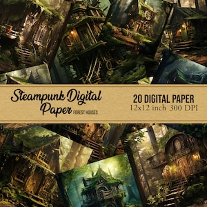 20 Steampunk Forest Houses Themed Digital Printable Papers,Steampunk Ephemera Art,Printable Steampunk Papers,Digital Steampunk,Scrapbook Kit