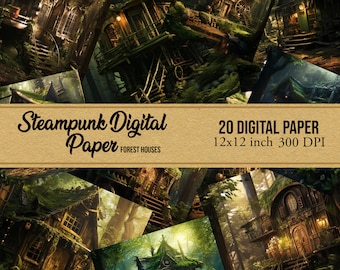 Steampunk Forest Houses Digital Paper, Scrapbook Ephemera (Digital Printable)