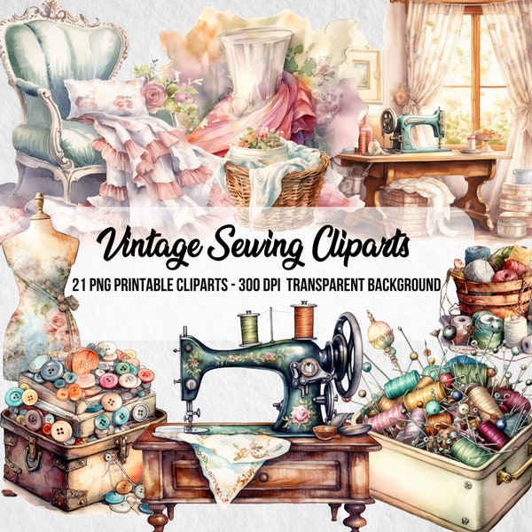 Vintage Sewing Cliparts,Commercial Use,Vintage Decors,Vintage PNG,Vintage Ephemera,Watercolor Effect,Clipart Bundle,Instant Digital Download