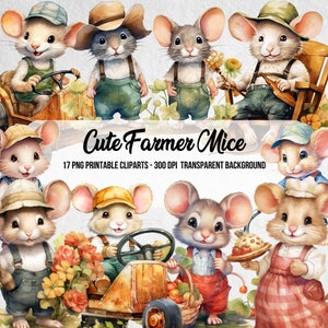 Imágenes prediseñadas de ratones de granja lindos PNG, animales con efecto de acuarela, imagen PNG de granjero, imágenes prediseñadas de acuarela de ratón, paquete de guardería, baby shower, arte de ratón lindo