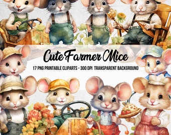 Clipart de ratinhos fazendeiros em aquarela, arte para quarto infantil (download digital em PNG)