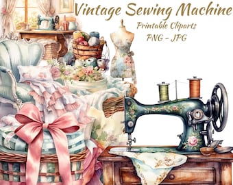 Whimsy Vintage Sewing Machine Clipart Bundle, Watercolor PNG Graphics (Digital Download)