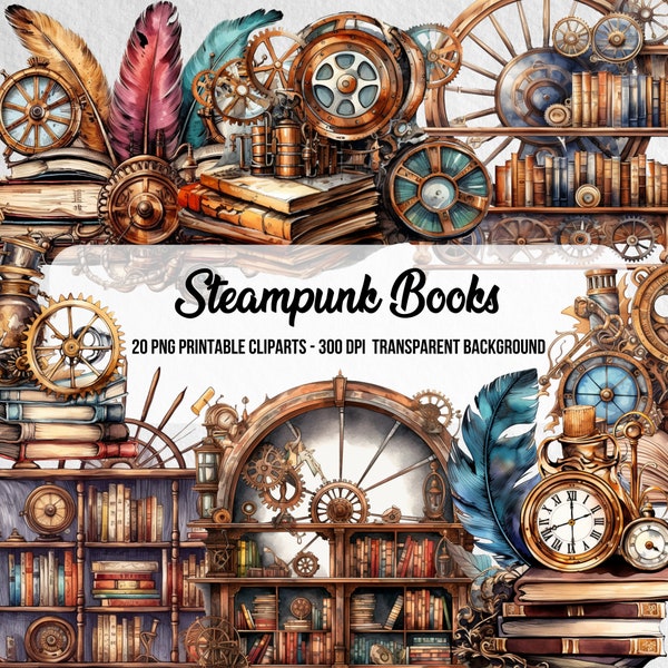 Steampunk Book Cliparts,PNG Steampunk,Book Art PNG,Scrapbook,Steampunk Style,Fantasy Image,Instant Digital Download,Clipart Bundle