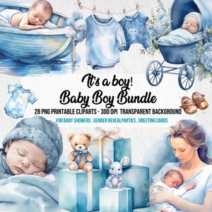 Zestaw dla chłopca, akwarelowe kliparty, baby shower, noworodek, kliparty dla niemowląt, pokój dziecięcy PNG, ujawnienie płci, zestaw klipartów, cyfrowe natychmiastowe pobieranie