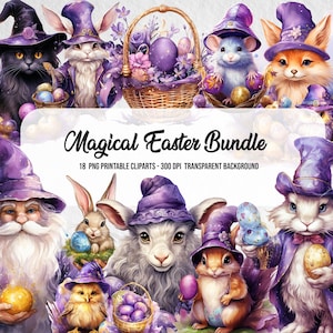 Könnte beinhalten: Ein Set mit 18 digitalen Clipart-Bildern mit fantasievollen Osterfiguren, die lila Hüte tragen. Zu den Figuren gehören ein Kaninchen, ein Fuchs, eine Maus, ein Lamm, ein Küken, ein Eichhörnchen und ein Zauberer. Die Bilder sind perfekt zum Erstellen von Osterkarten, Einladungen und anderen Bastelarbeiten.
