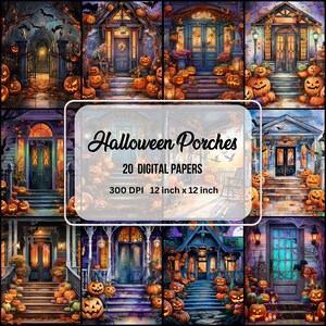 Printable Spooky Halloween Porches Digital Paper,Halloween Ephemera,Instant Digital Download,Card Making,Junk Journal Kit,Scrapbooking Paper