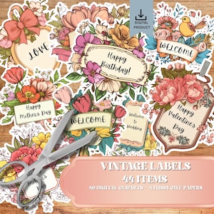 Vintage Floral Label Clipart: Scrapbook Cutouts (Digital)