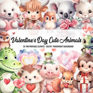 Romantic Valentine's Day Cute Animals Cliparts,Valentine's Day Art,Watercolor Effect,Commercial Use,Scrapbook,Junk Journal,Lovely Animal PNG