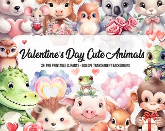 Romantic Valentine's Day Cute Animals Cliparts,Valentine's Day Art,Watercolor Effect,Commercial Use,Scrapbook,Junk Journal,Lovely Animal PNG