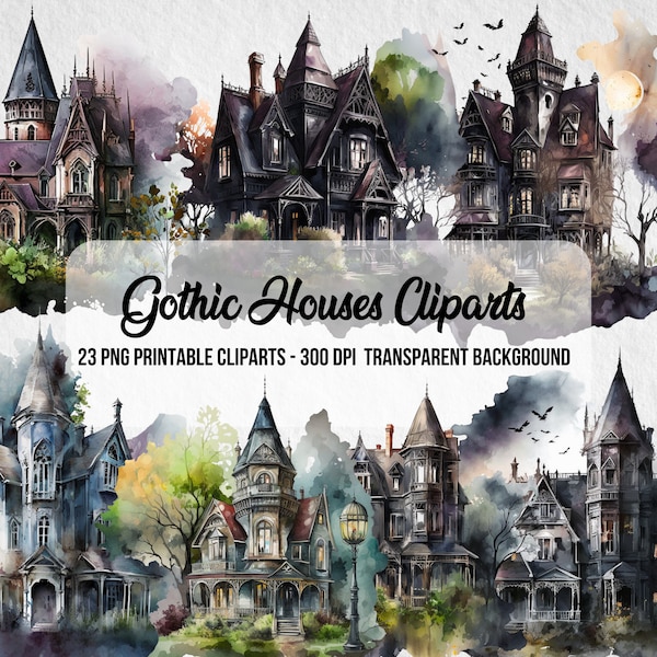 Gothic Houses Cliparts,PNG Gothic Art,Junk Journal,Scrapbook,Printable Images,Gothic Style,Fantasy Image,Clipart Bundle,Watercolor Effect