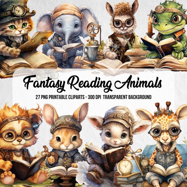 Fantasy Reading Animal Cliparts,PNG Animal,Junk Journal,Scrapbook,Instant Digital Download,Nursery Digital Graphic,Cute Nursery Elements