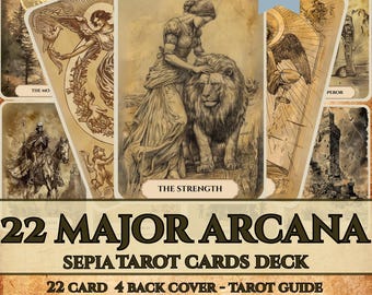 22 Arcanos Mayores Sepia, Baraja Digital con Pegatinas, Cartas Imprimibles, Tarot Clásico, Baraja Digital Sepia