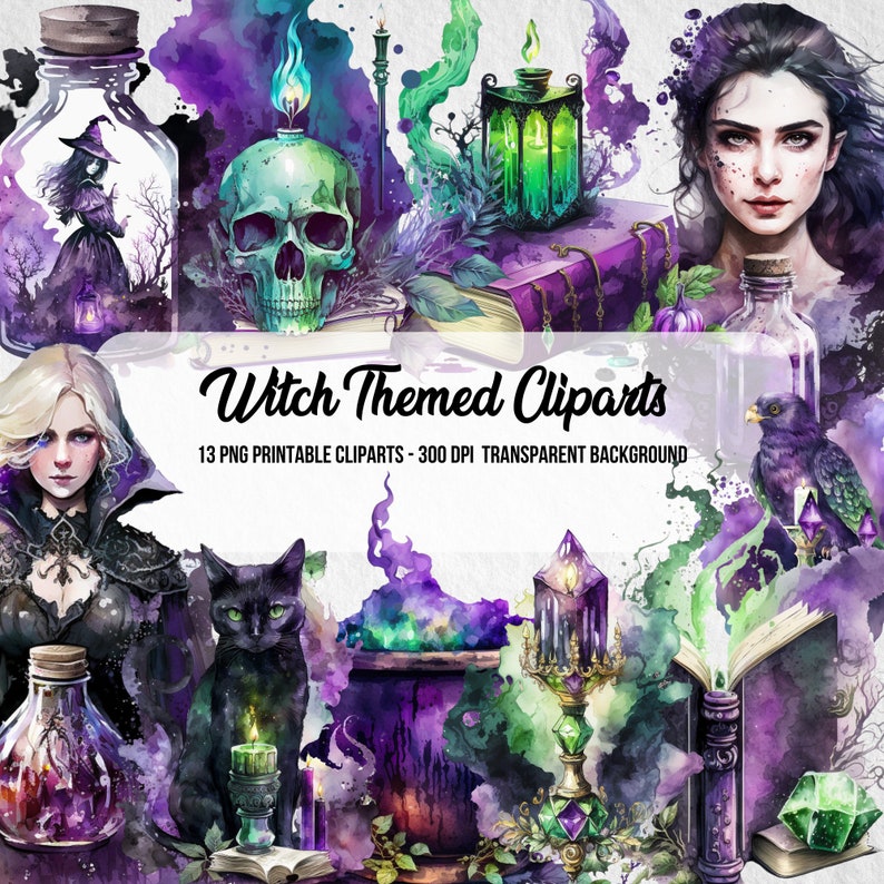 Watercolor Witch Clipart Bundle, Fantasy PNG Images (digital Download ...