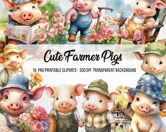 Ilustração de porcos fazendeiros em aquarela, arte para quarto infantil (download digital)