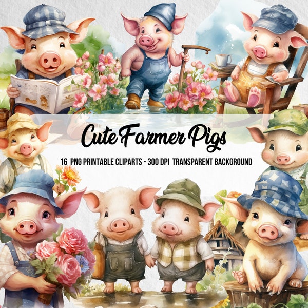 PNG Cute Farmer Pigs Cliparts,Watercolor Effect Animals,Farmer PNG Image,Pig Watercolor Cliparts,Nursery room decorations,Baby Shower Bundle