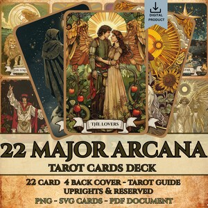 Può includere: Un mazzo di 22 carte dei Tarocchi degli Arcani Maggiori. Le carte presentano illustrazioni dettagliate con temi di amore, forza e corpi celesti. La carta centrale mostra una coppia abbracciata sotto un sole, etichettata "The Lovers".