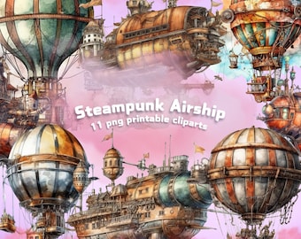 Może przedstawiać: Zestaw 11 cyfrowych obrazów clipart ze steampunkowymi sterowcami. Sterowce są wykonane z metalu i drewna i mają duże, okrągłe balony. Balony są ozdobione paskami i wzorami. Sterowce latają w niebie nad chmurami.