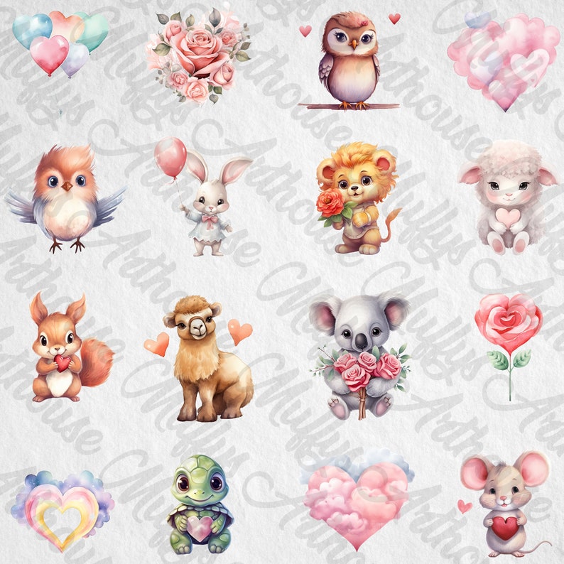 Romantic Valentine's Day Cute Animals Cliparts,Valentine's Day Art,Watercolor Effect,Commercial Use,Scrapbook,Junk Journal,Lovely Animal PNG