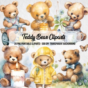 Pode incluir: Um conjunto de 20 imagens de clipart de ursinhos de peluche imprimíveis. Os ursos são retratados em várias atividades, como andar de triciclo, comer mel, fazer jardinagem, segurar uma vela e usar um impermeável. As imagens têm um estilo de aquarela e um fundo transparente.